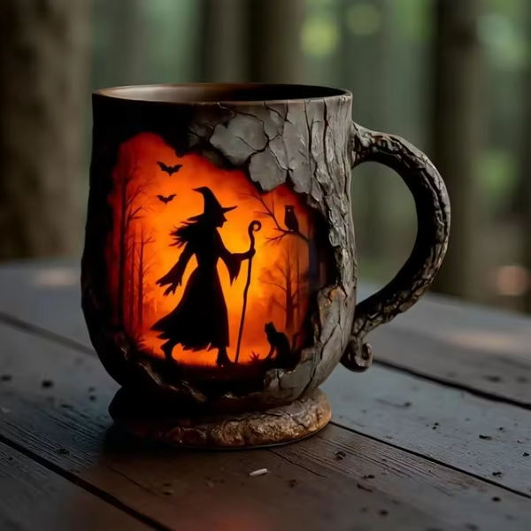 Håndlavet præget Halloween-krus – heks og kat