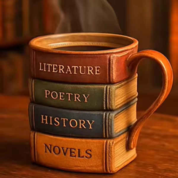 Håndlavet 3D-kaffekrus – biblioteksmotiv, læserens fristed